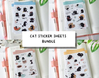 Cat Sticker Sheet Bundle, Planner Journal Stickers, Choose 3, 4, or 6 Designs