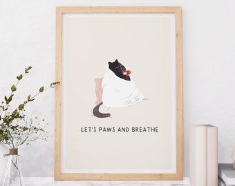 Paws and Breathe Minimalist Aesthetic Black Kitten Poster Yoga Studio Décor Cat Owner Lover Rescuer Gift Idea Funny Cat Art Print