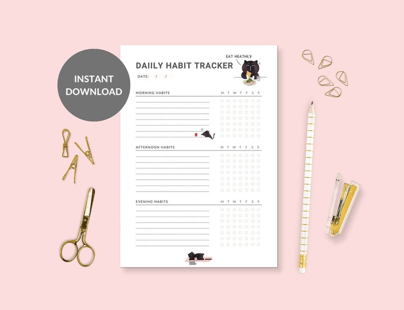 May include: A printable daily habit tracker with a black cat illustration. The tracker includes sections for morning, afternoon, and evening habits, with a grid for tracking daily progress. The text "EAT HEATHLY" is at the top of the page.