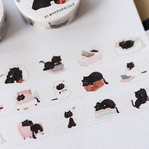 Lazy cat washi tape cute planner washi tape bullet journal tape cute animal washi tape kawaii washi tape cat stationery black cat washi tape image 1