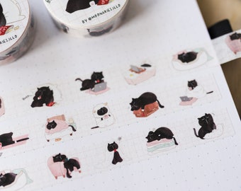 Lazy cat washi tape cute planner washi tape bullet journal tape cute animal washi tape kawaii washi tape cat stationery black cat washi tape