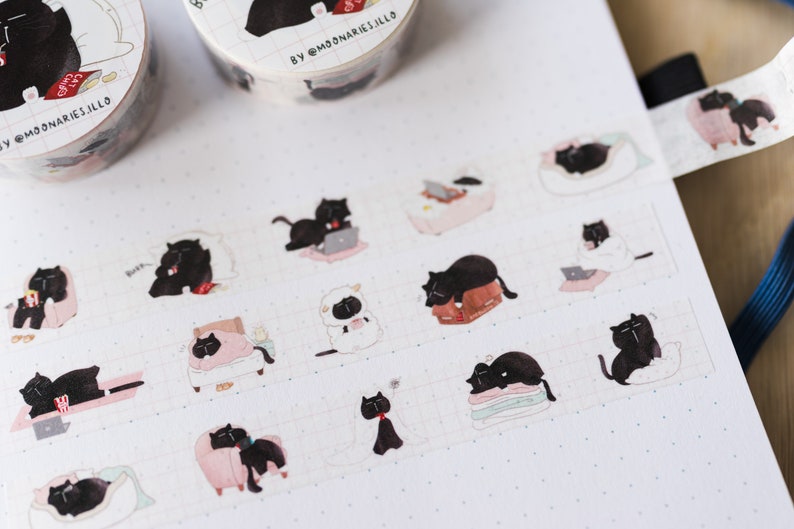 Lazy cat washi tape cute planner washi tape bullet journal tape cute animal washi tape kawaii washi tape cat stationery black cat washi tape image 1