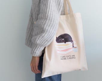 Funny Introvert Cat Cotton Tote Bag, Bookish Reusable Shopping Bag