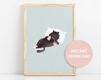 Printable art print cat wall art instant download funny black cat wall art cat art funny cat artwork black cat prints office desk decor