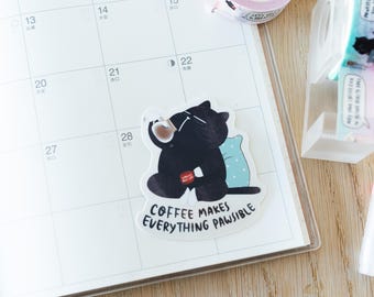 Funny Coffee Cat Waterproof Sticker, Laptop Sticker