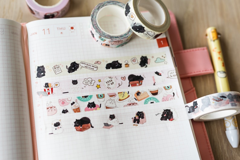 Lazy cat washi tape cute planner washi tape bullet journal tape cute animal washi tape kawaii washi tape cat stationery black cat washi tape image 4