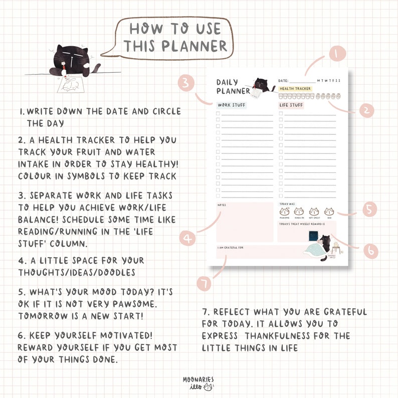 Cat daily planner notepad to do list notepad cute memo pad kawaii organiser hourly planner hourly schedule daily schedule daily planner pad image 2