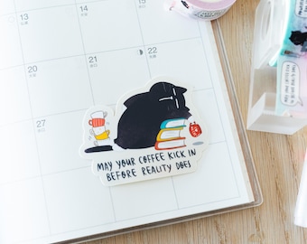 Funny Coffee Cat Vinyl Sticker, Tired Cat Meme Decal