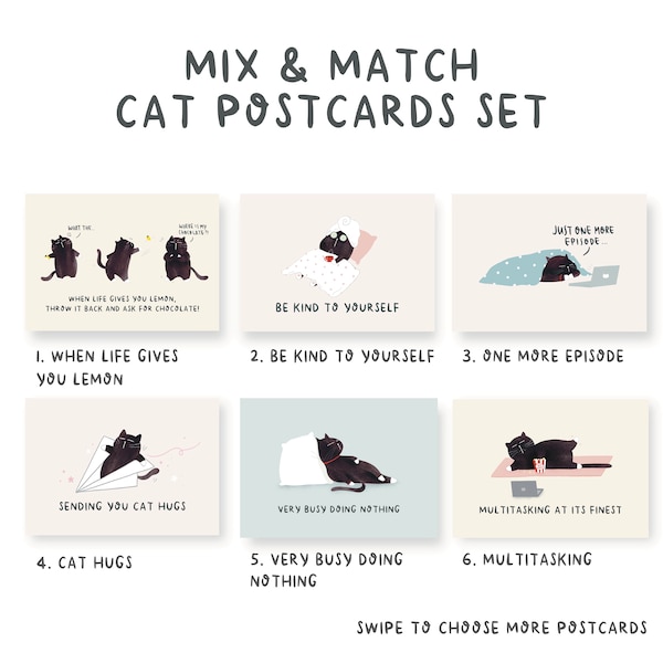 CAT POSTCARD SET Funny Humorous Sassy Sarcastic Black Cat All Occasion Greeting Card for Friend Coworker Family Supportive Self Love