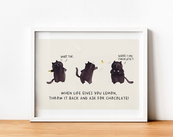 Funny Cat Wall Art Lemon Chocolate Chubby Black Kitten Artistic Drawing Minimalist Modern Décor Cat Owner Lover Rescuer Gift Idea