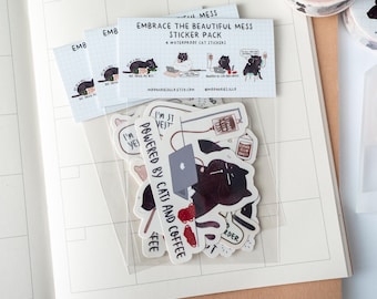 Funny Black Cat Stickers Pack | Coffee Lover Pack, Journaling