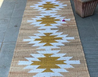 Handmade Southwest Jute Runner Rug, Mustard Yellow & White Aztec Jute, Boho Entryway Rug, Tribal Kitchen Runner, Custom Size Natural  Rug