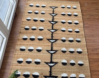 Handmade Jute Runner Rug, Natural Jute Rug Black White Geometric Boho Rug, Handwoven Tribal Area Rug, Neutral Rustic Home Decor Custom Rug