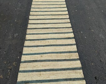 Handmade Off White And Gray Strip Long Hemp Jute Runner, Indian Traditional Hemp Jute For Bohemian Braided Entryway Stari Patio Kitchen Rug