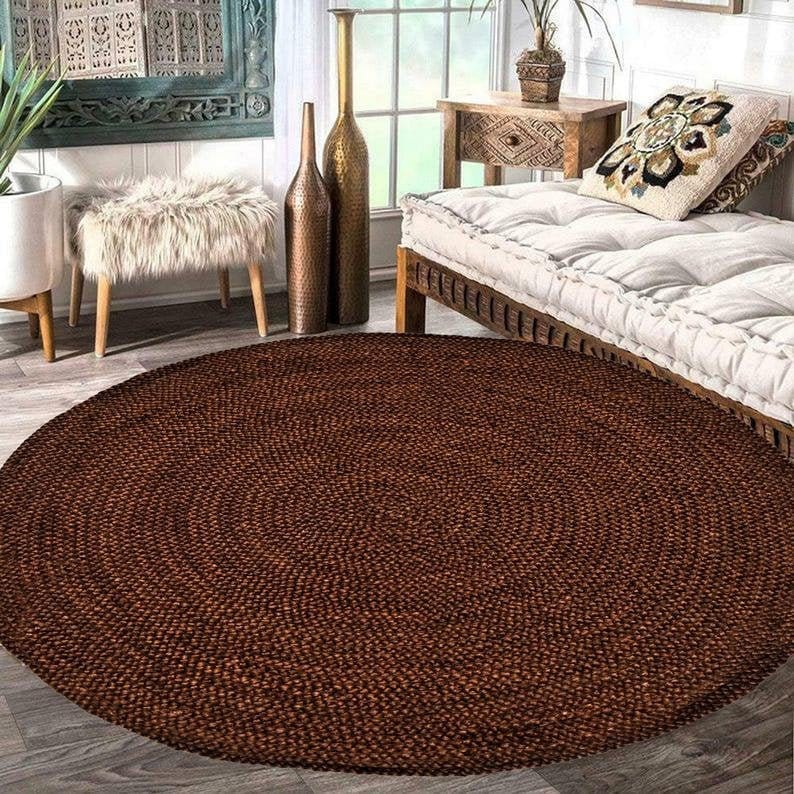 6x6 ft Braided Chocolate Round Jute Rug,Custom Size Large Floor Area Rug,Bohemain Home Decor Livingroom Bedroom Round Rug,Indian Jute Rugs
