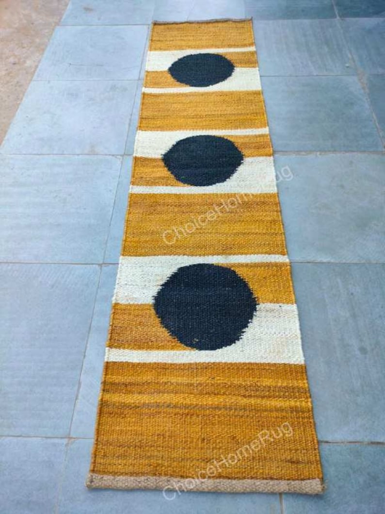 Handmade yellow black jute runner, jute table runner dining room,
