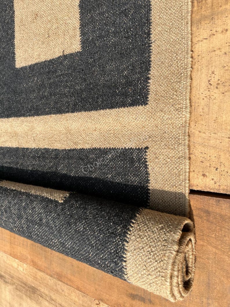Sustainable Black Beige Wool Jute Kilims Rugs,natural Fiber Large Floor