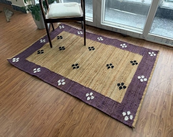 Natural Black Whit White Flowar Jute Rug, Handwoven hemp Jute Area Rug – Eco-Friendly Boho Farmhouse Style Rug, Indian Traditional Jute Rug