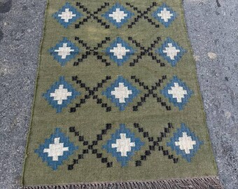 Large jute Kilim Rug, Handmade Kilim Dhurrie Rug, Indian Traditional, Geometric, Motifs, Handwoven Wool and Jute Rug 3x5ft