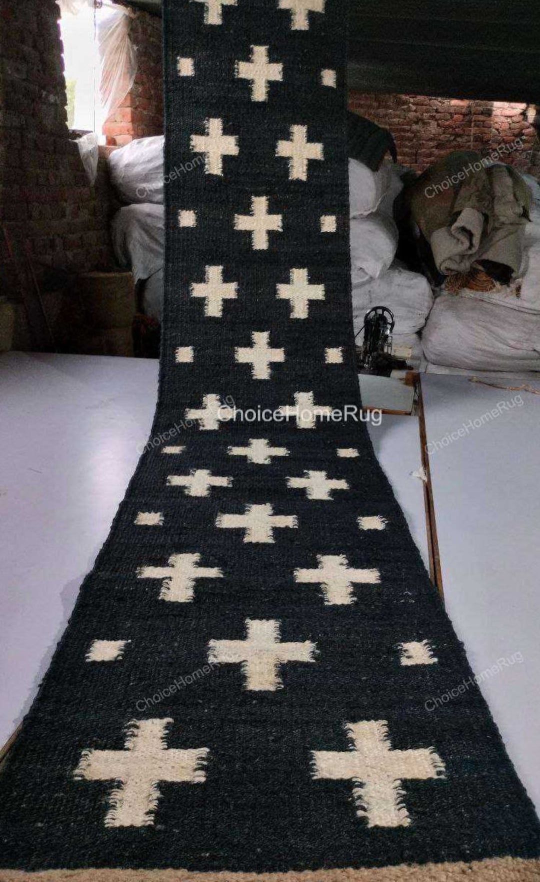 2x18 Ft White Plus Black Hemp Stairs Jute Runner Rug,custom Size Large