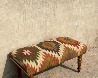 Handmade Kilim Bench, Upholstered ottoman for Bedroom, Entryway Bench with Wooden Legs, Farmhouse Decor Stool, Bohemian Footstool