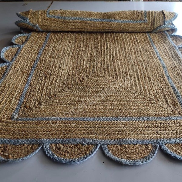 4x6 ft Light Blue Scalloped Braided Jute Rug,Handmade Bohemian Natural  Vintage Large Area Rug,Custom Size Floor Hallway Livingroom Jute Rug