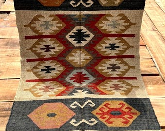 Handmade Wool Jute Kilim Rug, Living Room Bedroom Large Floor Area Custom Size ,Sustainable Aztec Natural Fiber Carpet