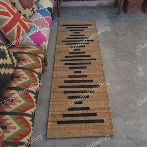 Handmade Jute Runner Rug: Black Striped Boho Decor (2x8 ft)