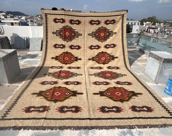 Wool Jute Kilim Large Area Boho Tribal Rug, Farmhouse Flatweave Southwestern Rug, Rustic Living Room Bedroom Custom Size Carpet