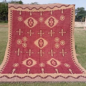 Pink Wool Jute Kilim Rug: Large Boho Area Rug, Ethnic Indian Design