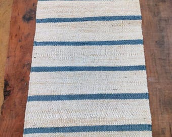 Sky Blue Striped Jute Rug 3x9 ft: Bohemian Woven Area Rug