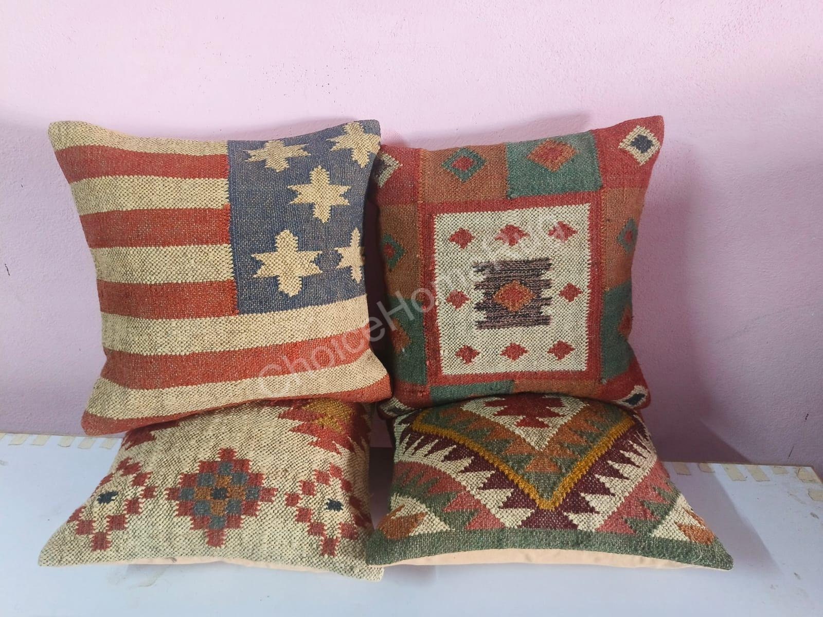 Set Di 4 Federe In Iuta Naturale Fatte A Mano – 45x45 Cm, Chiusura Lampo, Decorazione Casa Indiana