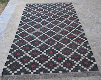 Handmade Wool Jute Kilim Rug, Geometric Diamond Pattern Carpet, Boho Farmhouse Area Rug, Black Ivory Living Room Decor, Custom Size