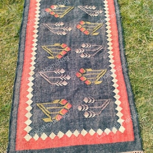 Handmade Wool Jute Kilim Rug: Boho Red Black Floor Rug (4x6 ft)