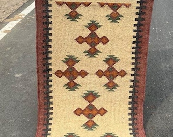 Rustic Wool Jute Kilim Runner Rug, Southwestern Tribal Hallway  Handwoven Boho Carpet, Farmhouse Entryway Rug