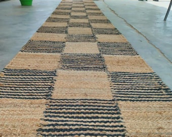 Black Natural Striped  Hallway Jute Runner-Boho Home Decor Livingroom Patio Rug, Large Floor Area Custom Size Indian Handmade Rug, 2 x 20 Ft