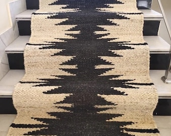Black Star Hemp Stairs Jute Runner Rug, Boho Home Decor Livingroom Hallway Runner, Custom Size Large Floor Area Rug, Indian Hemp Runner