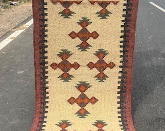 Handmade Wool Jute Kilim Runner Rug, Boho Hallway Tribal Entryway Farmhouse Corridor Carpet, Red Beige Flatweave Custom Size Area Rug