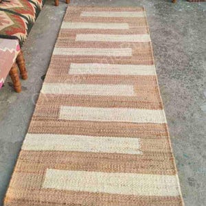 Hemp Jute Runner Rug: White Stripe, Boho Rustic Decor (2x7 ft)