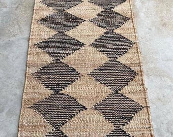 Alfombra de yute con rayas naturales negras y rombos para escaleras, estilo bohemio, para pasillo o sala de estar, tamaño personalizado, alfombra india para grandes superficies.
