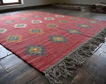 Handwoven Red Southwestern Wool Jute Kilim Rug, Vintage Navajo Kilim Dhurrie , Custom Rug