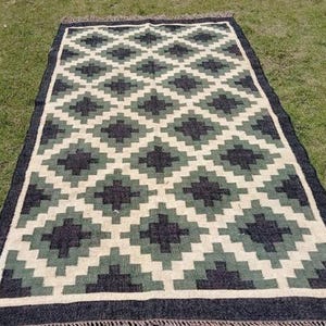 Blue Check Handmade Wool Jute Kilim Runner,Caucsian Turkish Traditional Wool Jute Kilim Runner,Custom Size Ethnic Large Area Carpet Runner