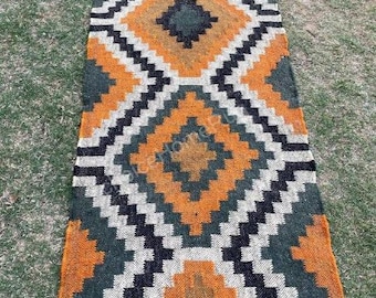 Handmade Wool Jute Kilim Runner Rug, Geometric Tribal Hallway Boho Flat Weave Rug, Rustic Entryway Custom Size Carpet