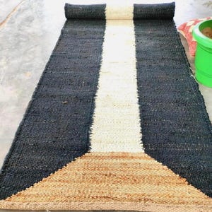 Handmade Jute Runner Rug: Black & White, Bohemian Decor (2x10 ft, Custom Size Available)