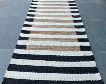 Handwoven Black and Natural Striped Jute Runner Rug, Modern Boho Hallway Carpet, Eco-Friendly Custom Size Rug for Kitchen Entryway & Stairs