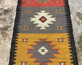 Handwoven Wool Jute Kilim Rug, Southwestern Tribal Geometric Boho Floor Carpet, Rustic Farmhouse Accent Flat Weave Entryway Runner