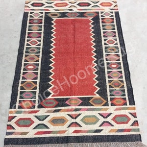 Red & Black Checked Kilim Rug: Boho Woven Wool Jute Rug