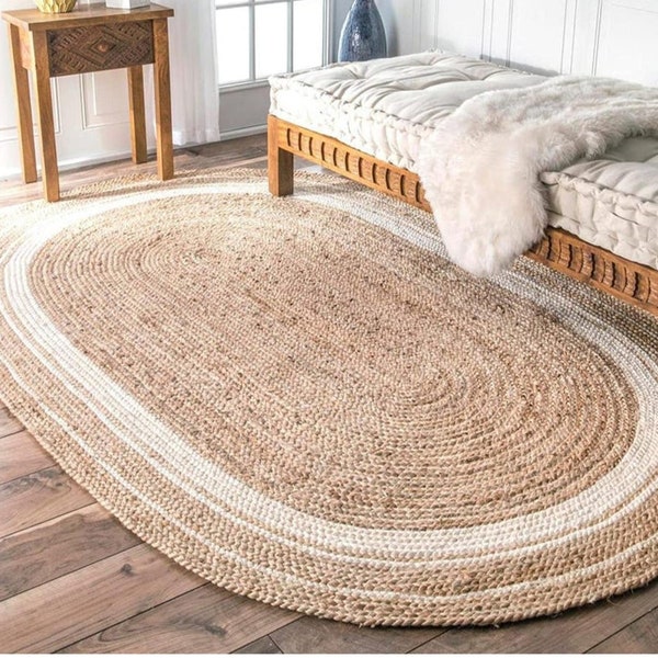 5x8 ft White Bordered Beige Braided Oval Jute Rug,Boohomian Home Decor Halllway Livingroom Jute Rug,Custom Size Indain Handmade Floor Rug