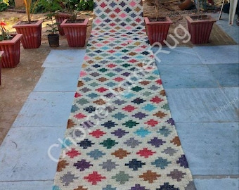 Ręcznie tkany dywanik kilim z juty, wielokolorowy dywanik kilim do przedpokoju, dywanik w stylu boho farmhouse do przedpokoju, ekologiczny długi dywanik, indyjski dywanik kilim