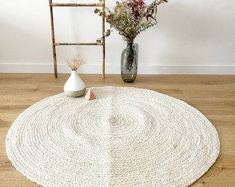 5x5 ft wit gevlochten jute ronde tapijt, Boho Home Decor onder eettafel vloer gebied tapijt, aangepast formaat woonkamer slaapkamer Indain handgemaakte tapijt